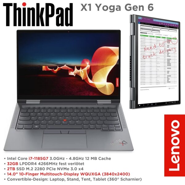 Lenovo Thinkpad X1 Yoga Gen. 6 20XYCTO1WW  Intel Core i7  2TB SSD 32GB LPDDR4 10-Finger Multitouch-Display 3840x2400